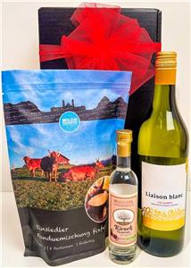 Einsiedler Fondue-Plausch:
1 Fl. 70cl Liaison blanc,
1 Fl. 10cl Kirsch Hochstamm,
600g Bergkäsefondue,
verpackt in Präsentkarton
(postversandtauglich)