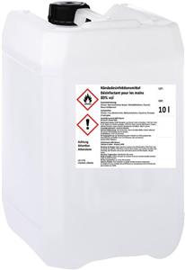 Händedesinfektionsmittel 80% vol
gebrauchsfertig, nicht geschmacksneutral
WHO-Rezeptur, in 10 Liter-Bidon 
Gefahrenhinweis: leicht entzündbar
