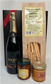 Apérobox alkoholfrei geniessen: 1 Fl. 75cl Sparkling Chardonnay Pierre Zéro Grissini 250g Peperoni-Thun-Creme 140g getrocknete Tomaten 180g verpackt in schönem Karton (postversandtauglich)